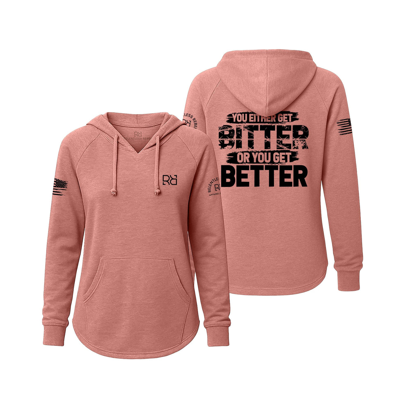 Pink hoodie with text on front and back on a white background