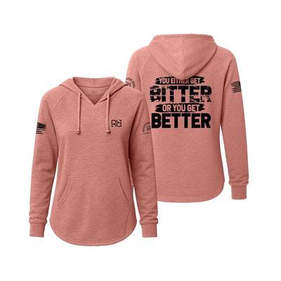 Pink hoodie with text on front and back on a white background