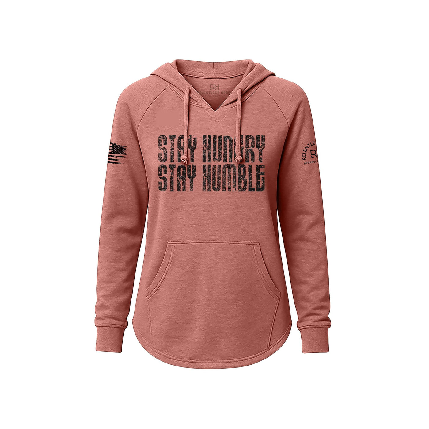 Pink hoodie with 'Stay Hungry Stay Humble' text on a white background