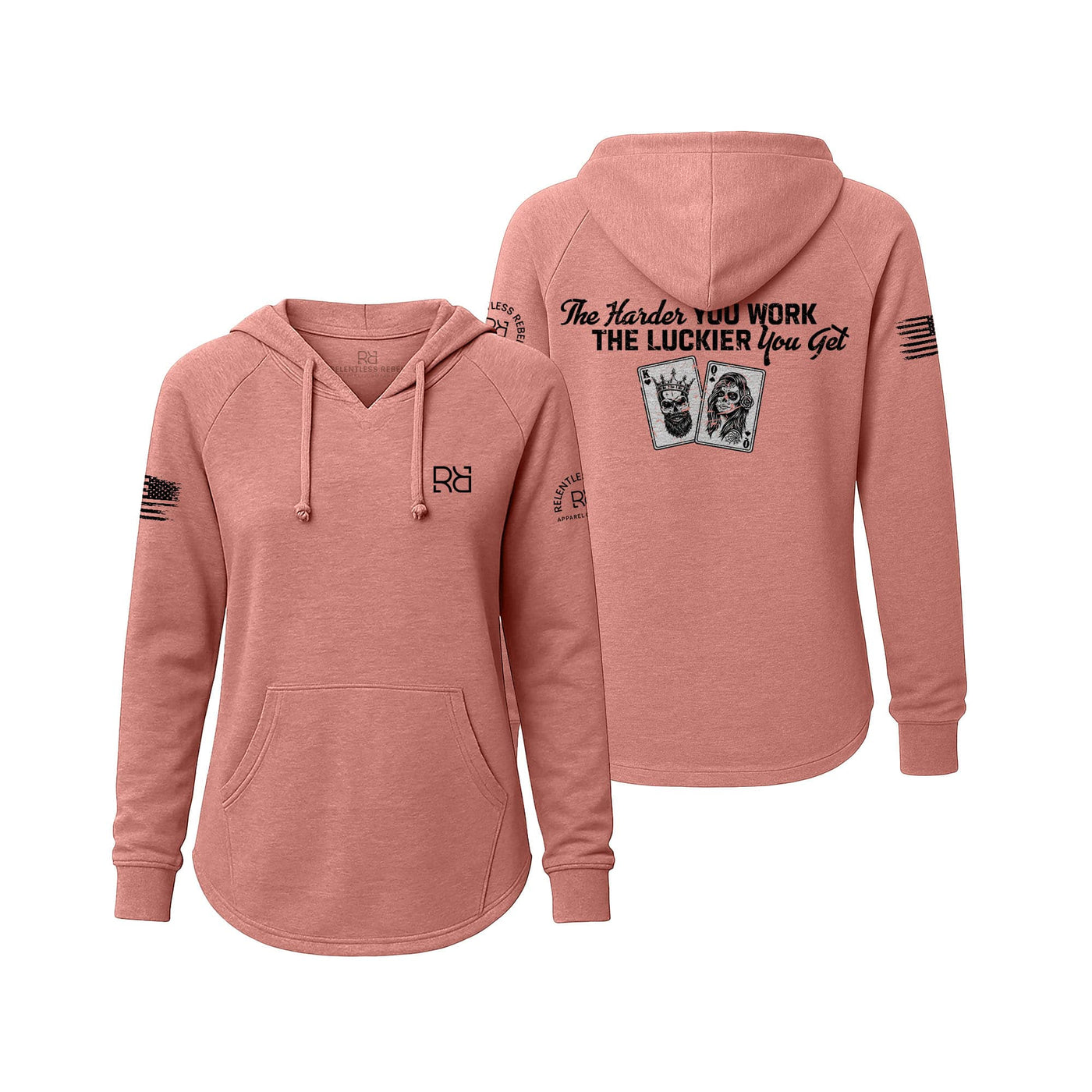 Pink hoodie with text and graphics on a white background