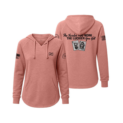 Pink hoodie with text and graphics on a white background