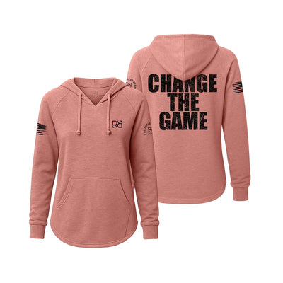 Pink hoodie with 'Change The Game' text on a white background