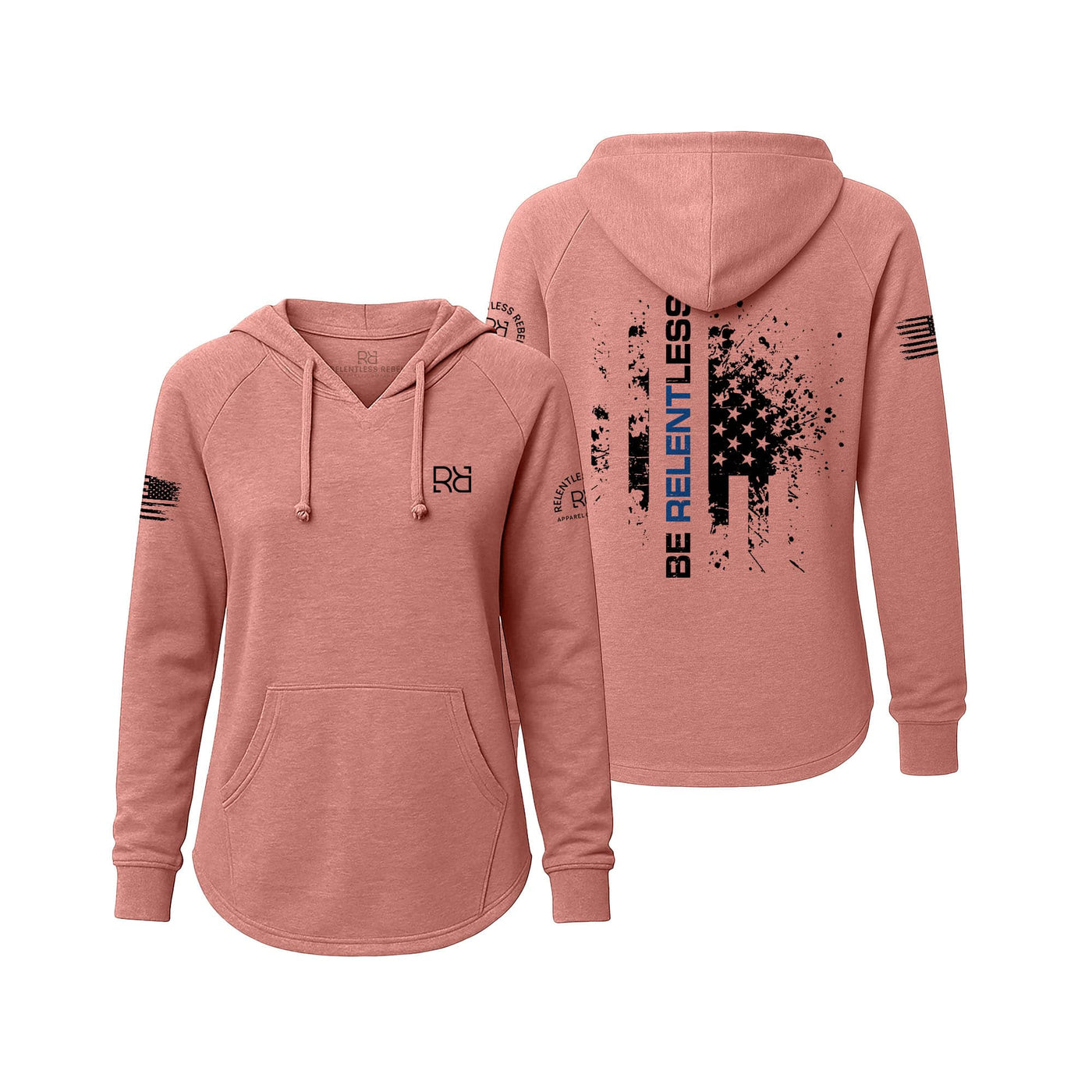 Pink hoodie with graphic designs on the front and back on a white background