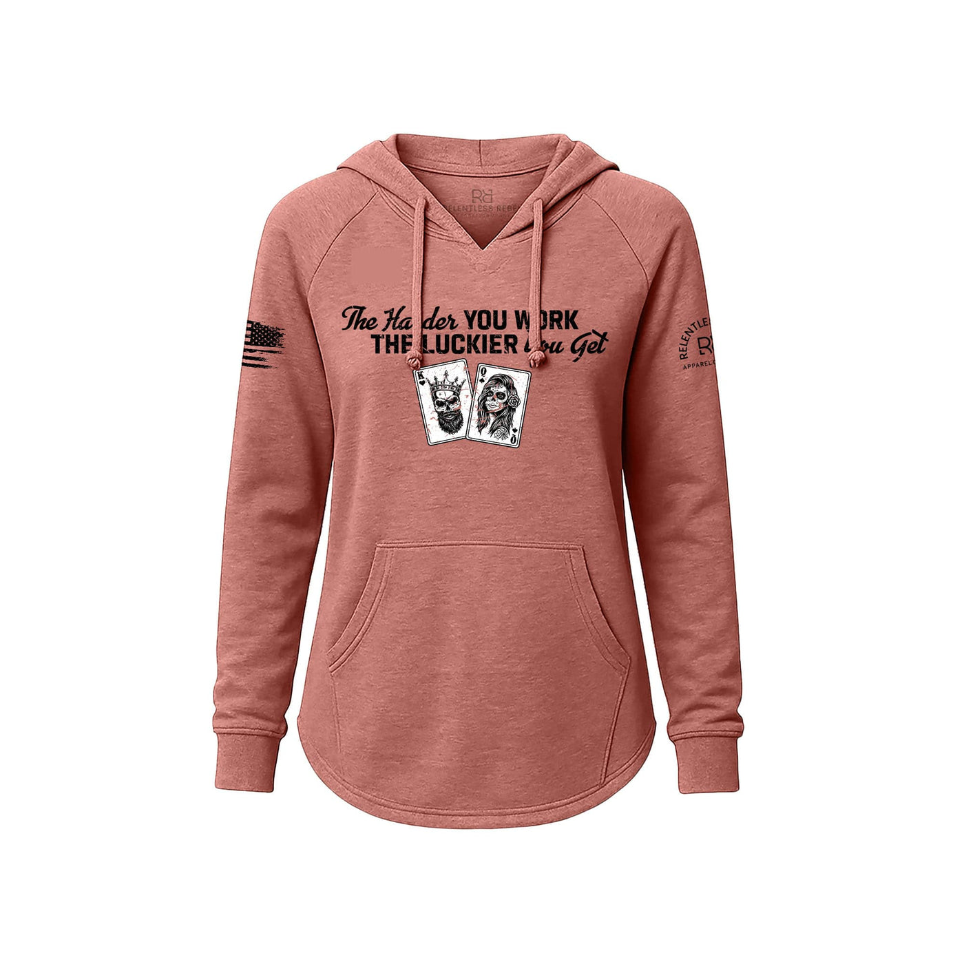 Pink hoodie with text and graphics on a white background