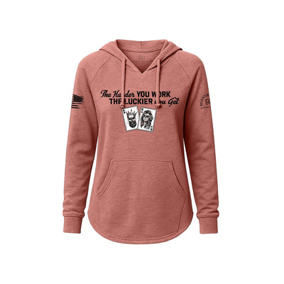 Pink hoodie with text and graphics on a white background