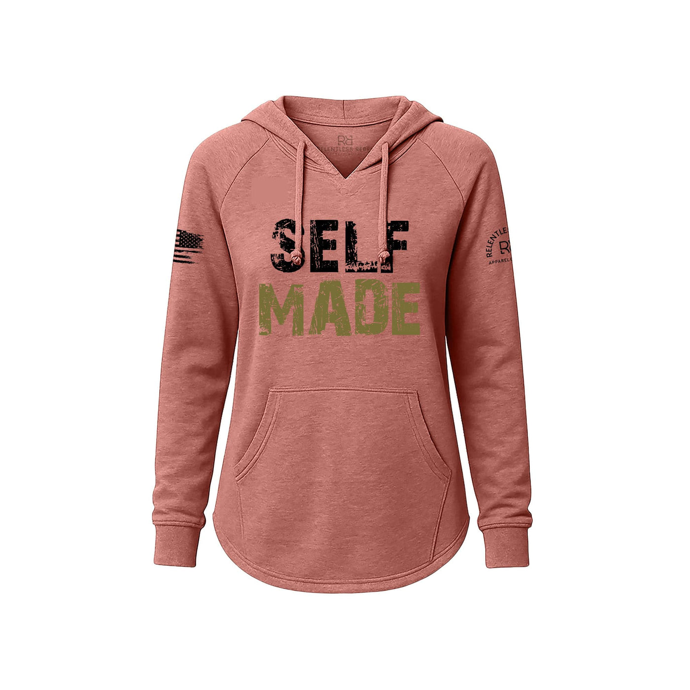 Pink hoodie with 'SELF MADE' text on a white background