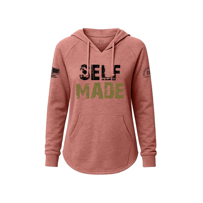 Pink hoodie with 'SELF MADE' text on a white background