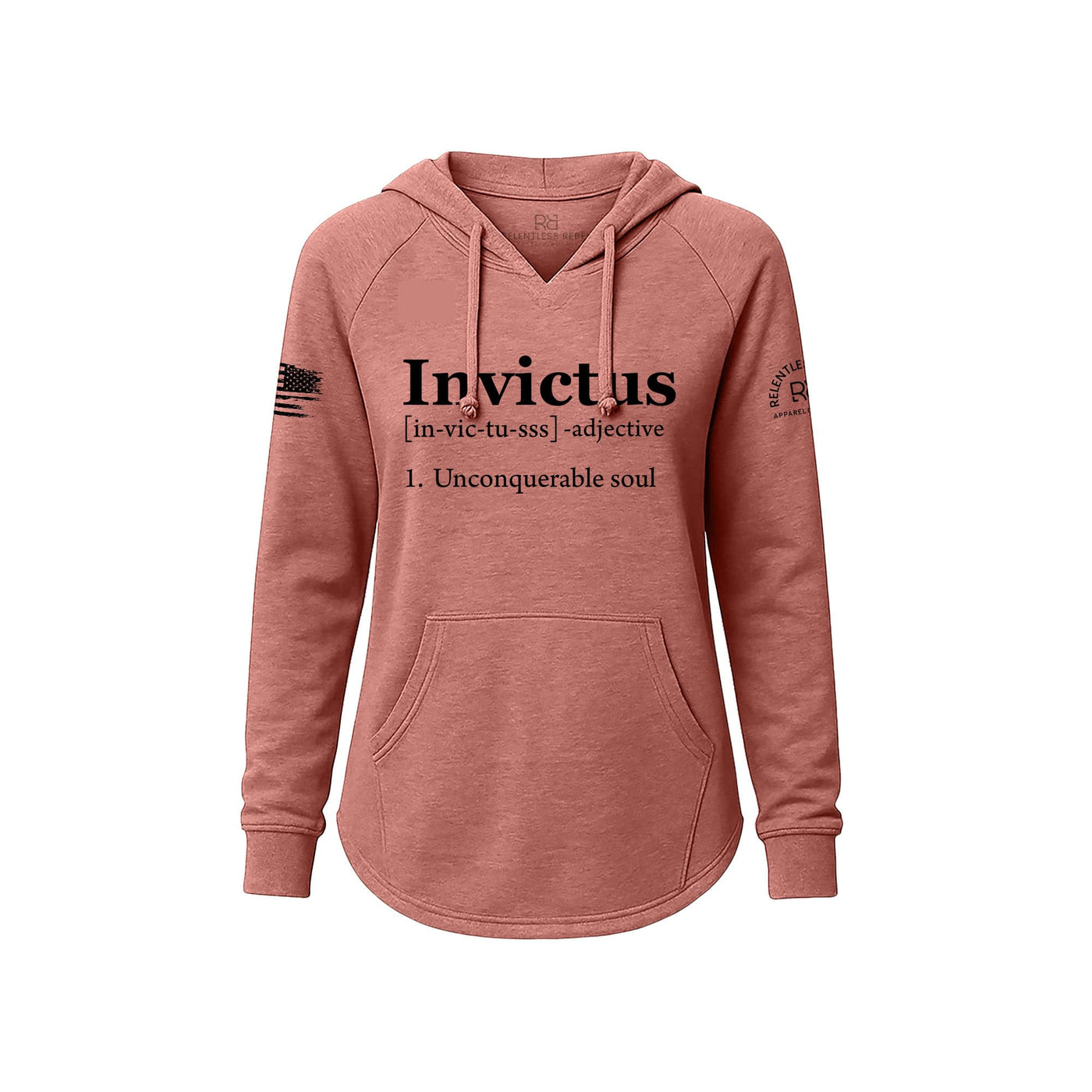 Pink hoodie with 'Invictus' text and definition on a white background