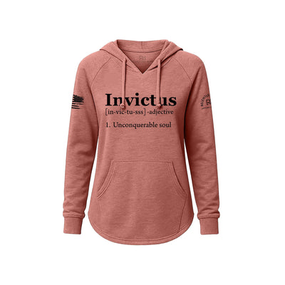 Pink hoodie with 'Invictus' text and definition on a white background