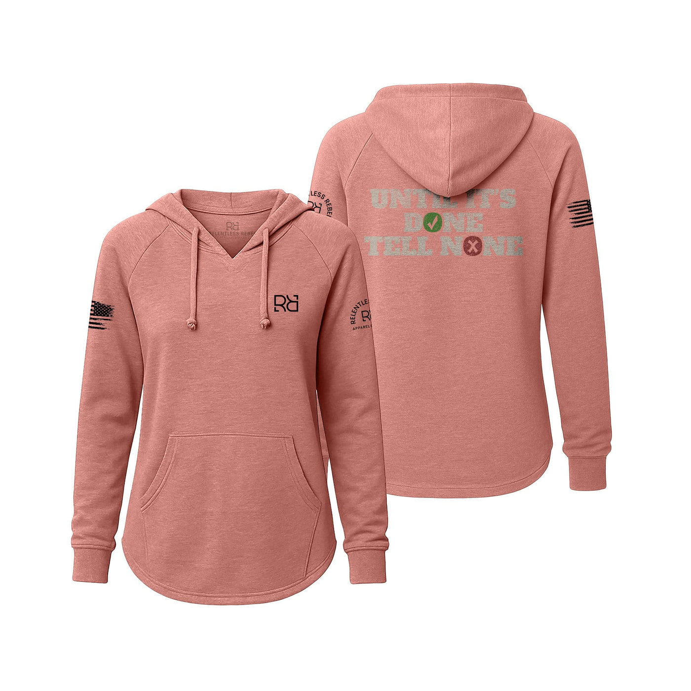 Pink hoodie with text and logos on a white background
