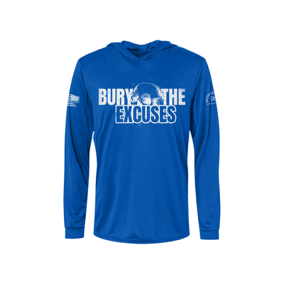 Royal long-sleeve hoodie with 'Bury The Excuses' text on a white background