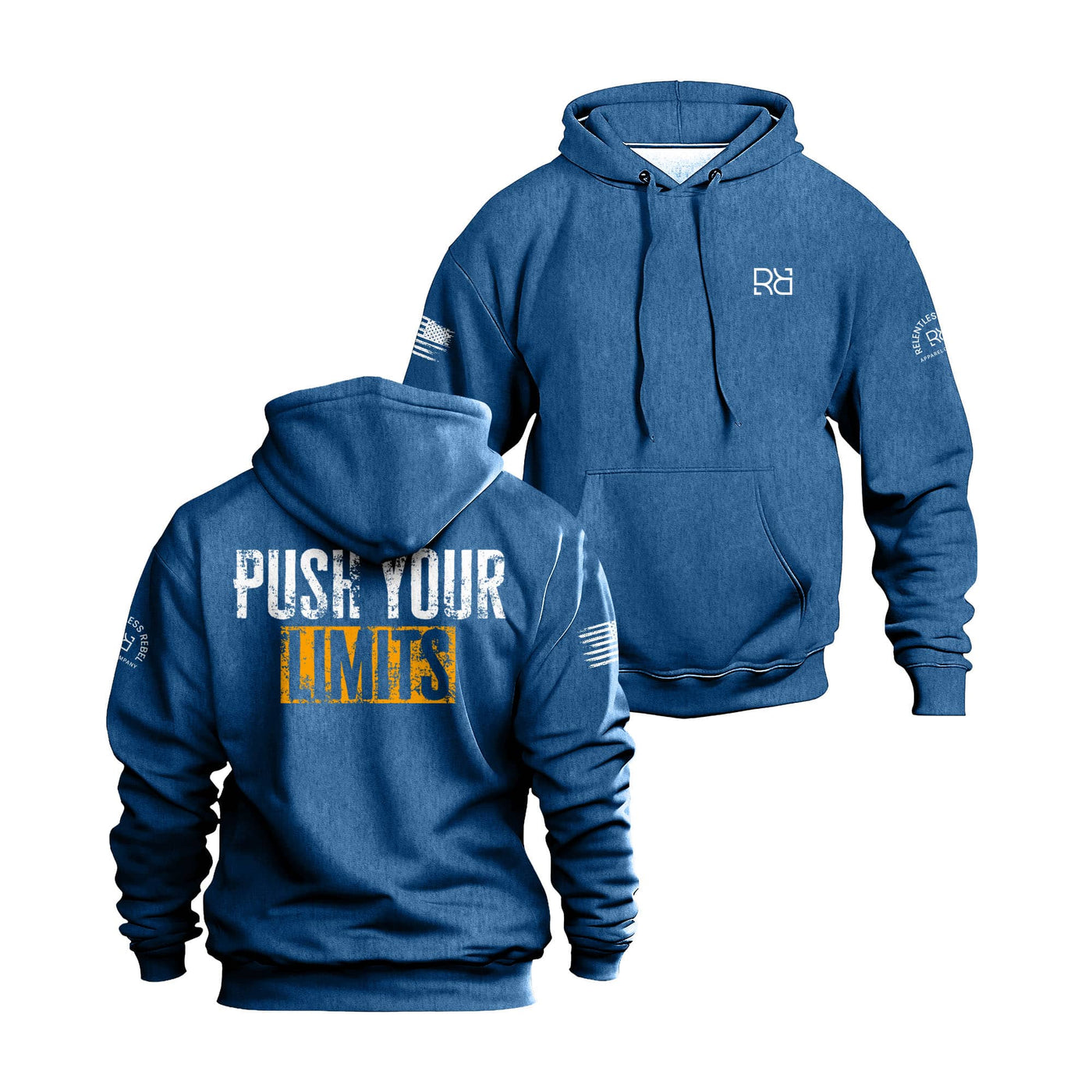 Royal hoodie with 'Push Your Limits' text on a white background