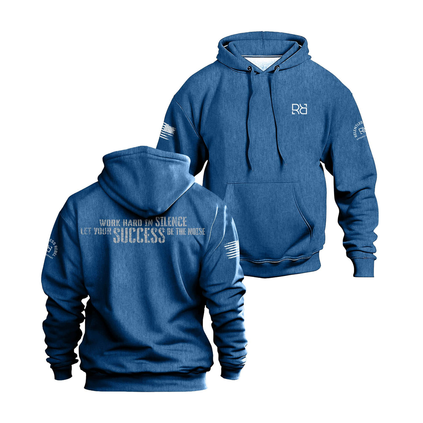 Royal hoodie with text and logos on a white background