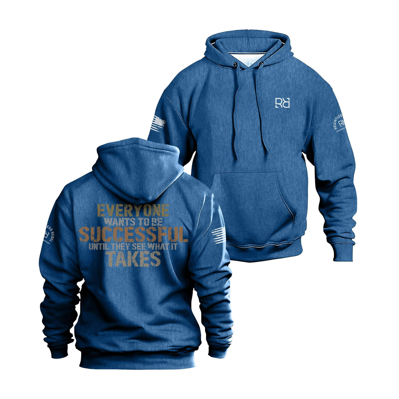 Royal hoodie with text on front and back, displayed from front and back views.