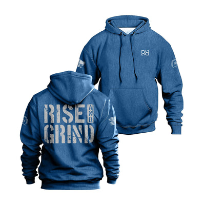 Royal hoodie with 'Rise & Grind' text on the back, displayed from front and back views.