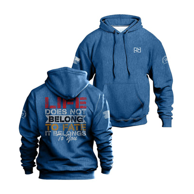 Royal hoodie with text on front and back on a white background