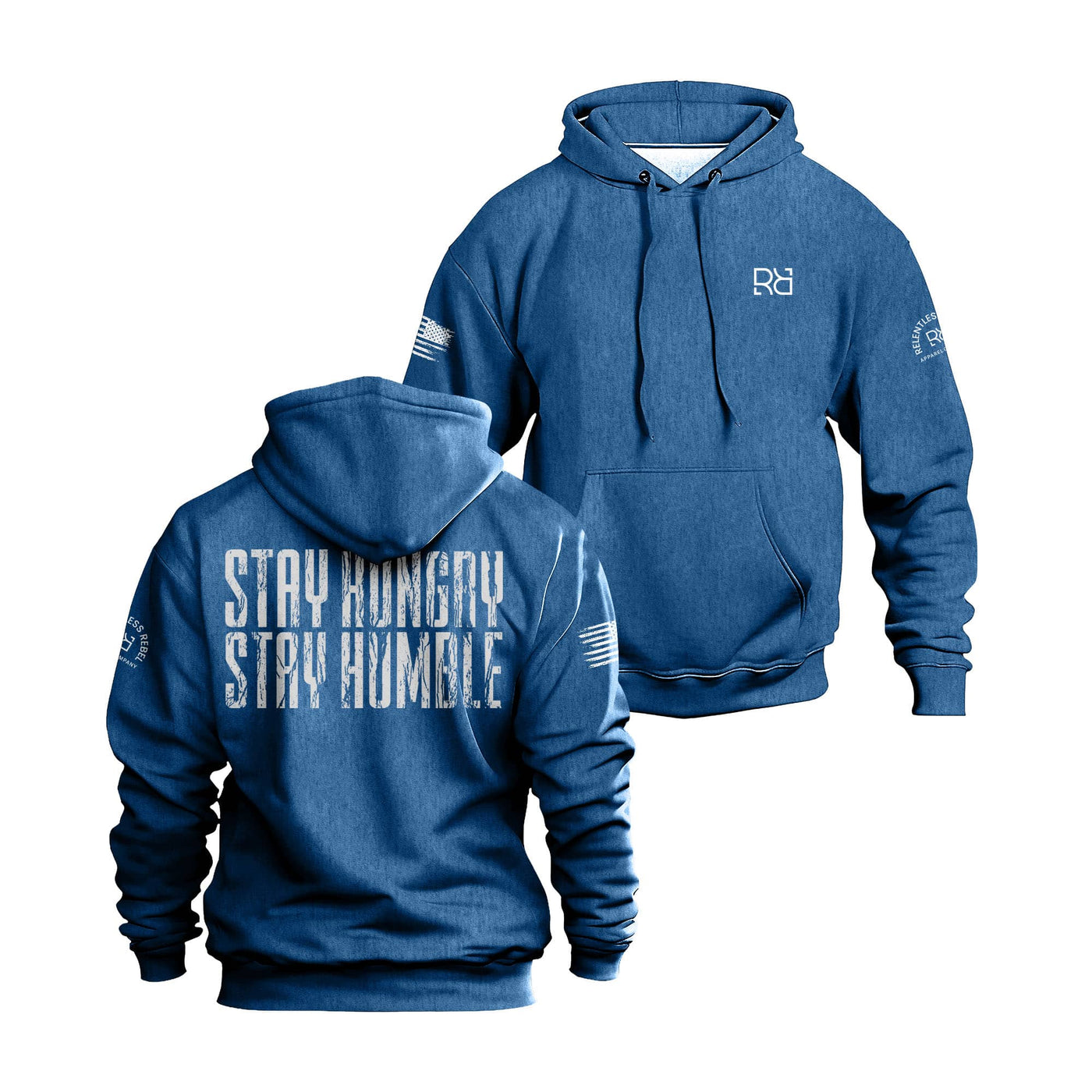 Royal hoodie with 'Stay Hungry Stay Humble' text on a white background