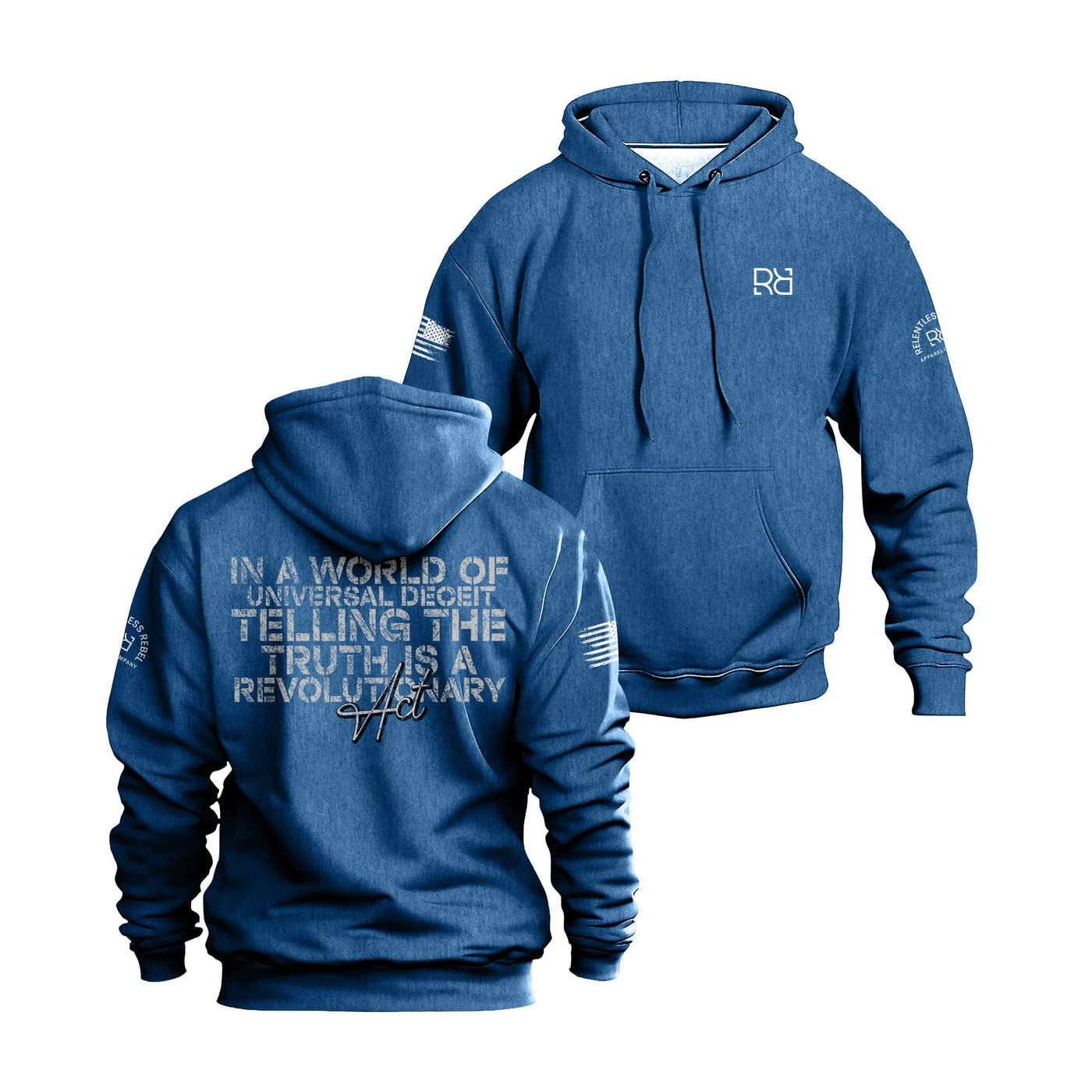 Royal hoodie with text and logo on front and back, on a white background