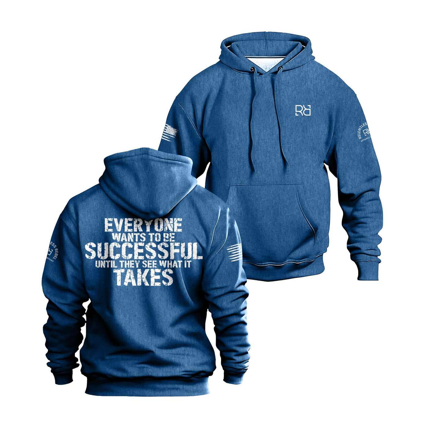 Royal hoodie with motivational quote on front and back, brand logo on sleeve