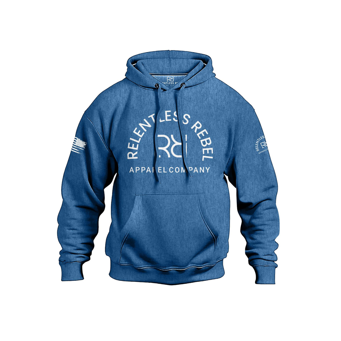 Royal hoodie with 'Relentless Rebel Apparel Company' logo on a white background