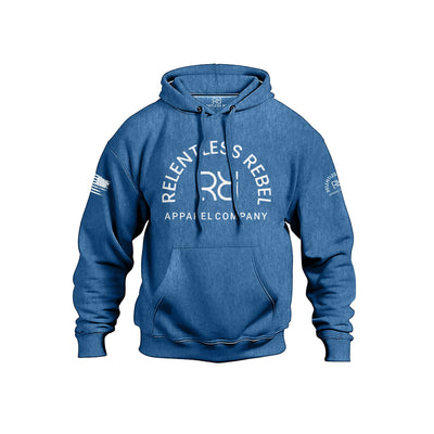 Royal hoodie with 'Relentless Rebel Apparel Company' logo on a white background