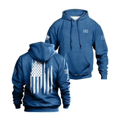 Royal hoodie with American flag design on the back, displayed from front and back views.