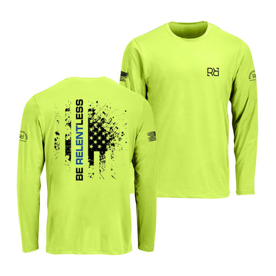 Safety green long-sleeve shirt with branding and text on a white background