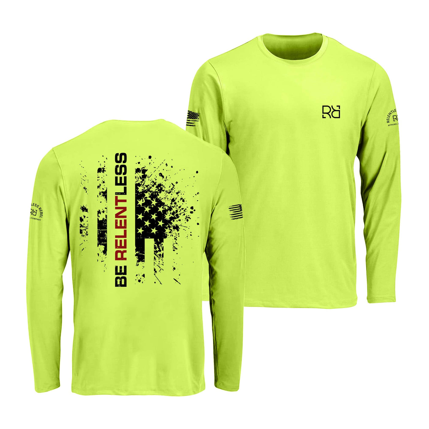 Safety green long-sleeve shirt with graphic design and text on a white background