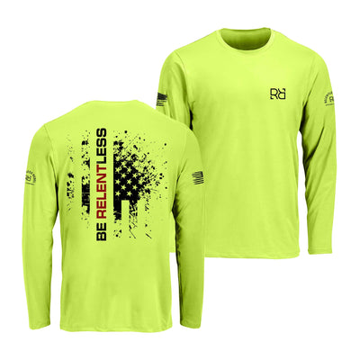 Safety green long-sleeve shirt with graphic design and text on a white background