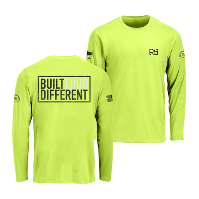 Safety green long-sleeve shirt with branding and text on a white background