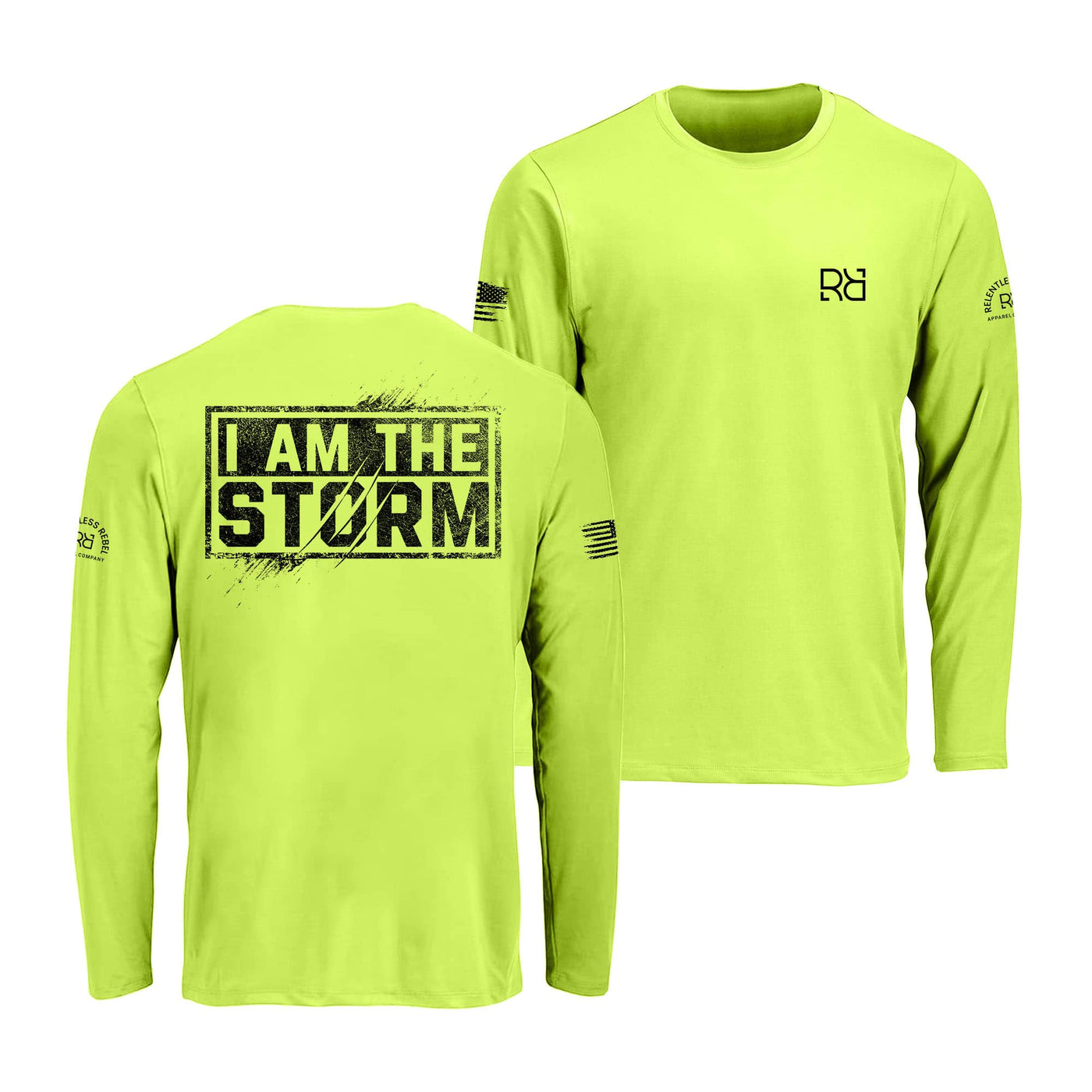 Safety green long-sleeve shirt with text and logos on a white background