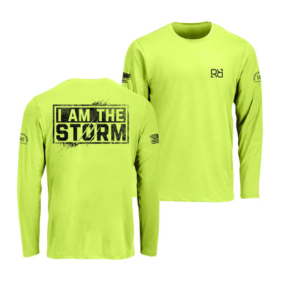 Safety green long-sleeve shirt with text and logos on a white background