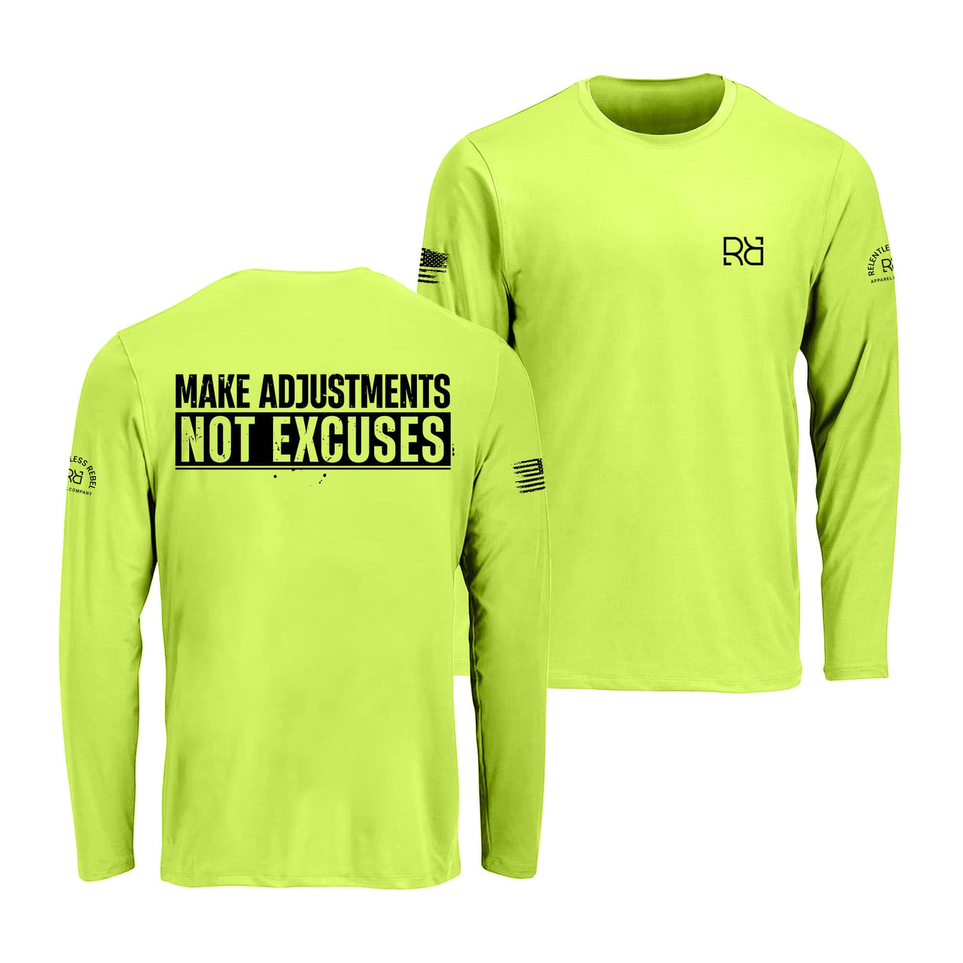 Safety green long-sleeve shirt with text and logos on a white background