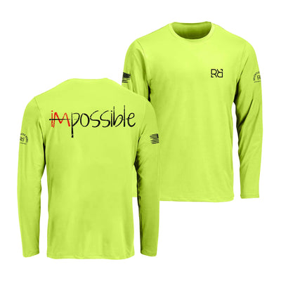 Safety green long-sleeve shirt with text and logos on a white background