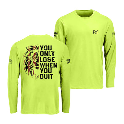 Safety green long-sleeve shirt with motivational quote on front and back, featuring logos.