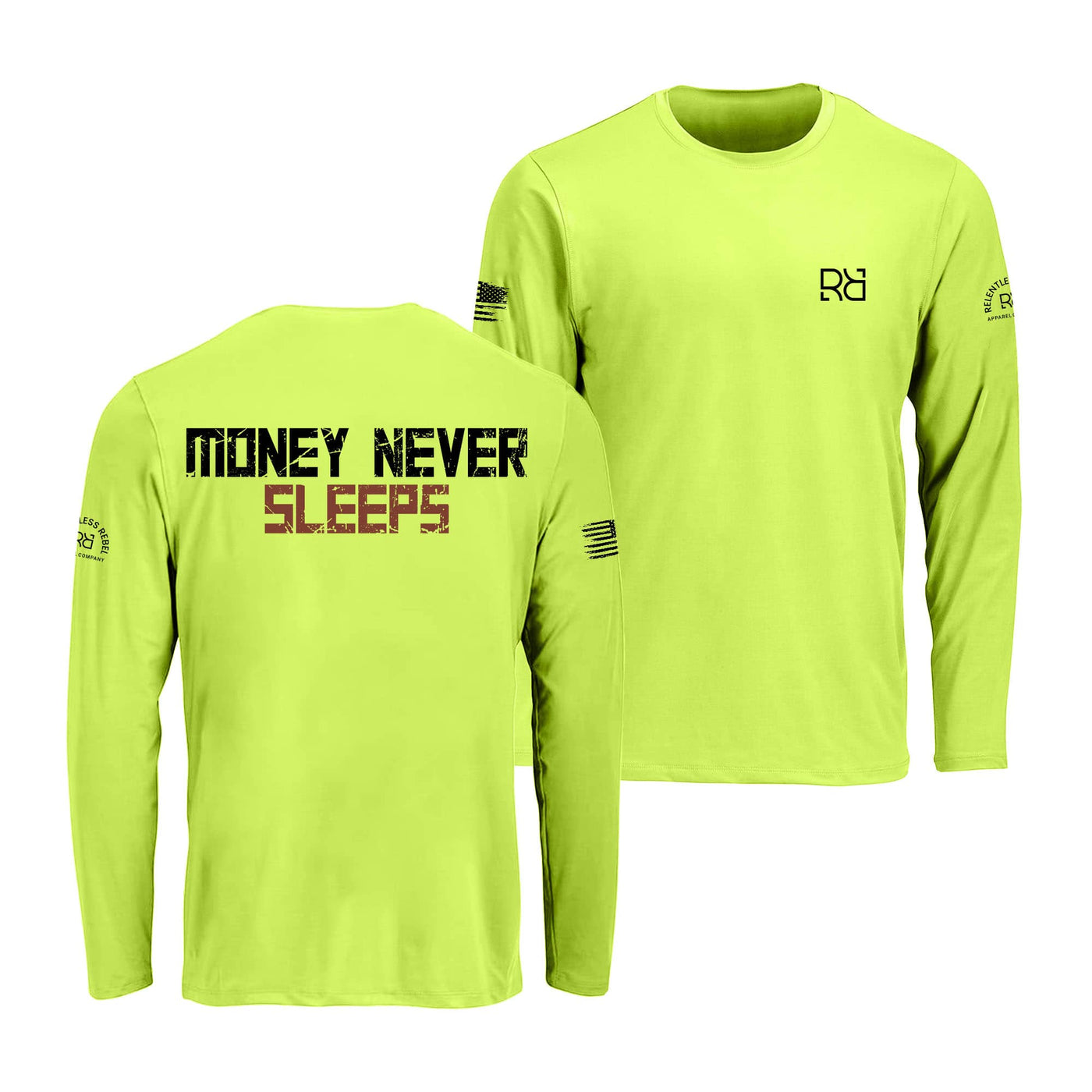 Safety green long-sleeve shirt with text and logos on a white background