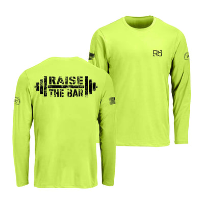 Safety green long-sleeve shirt with 'Raise the Bar' text and logos on a white background.