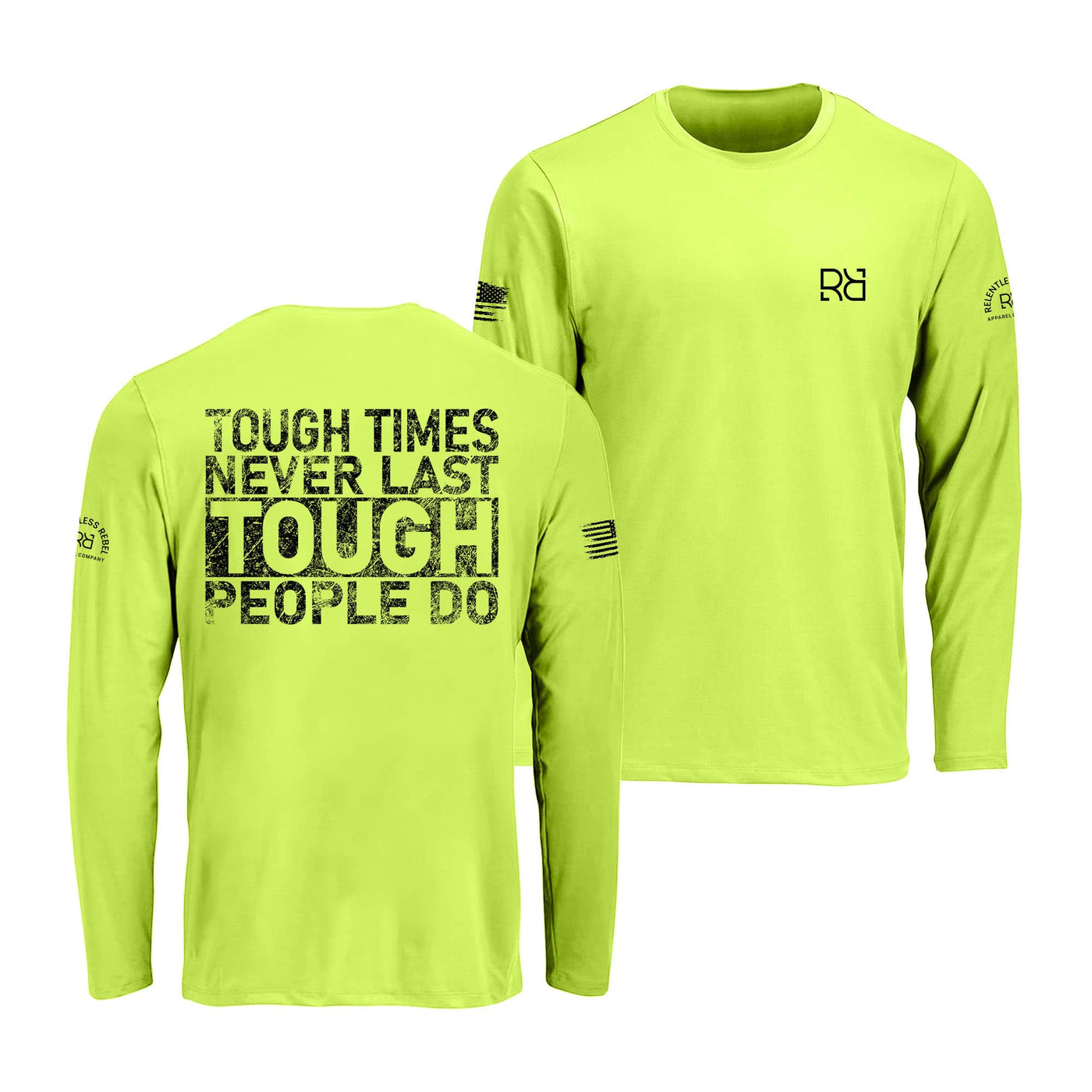 Safety green long-sleeve shirt with text and logos on a white background