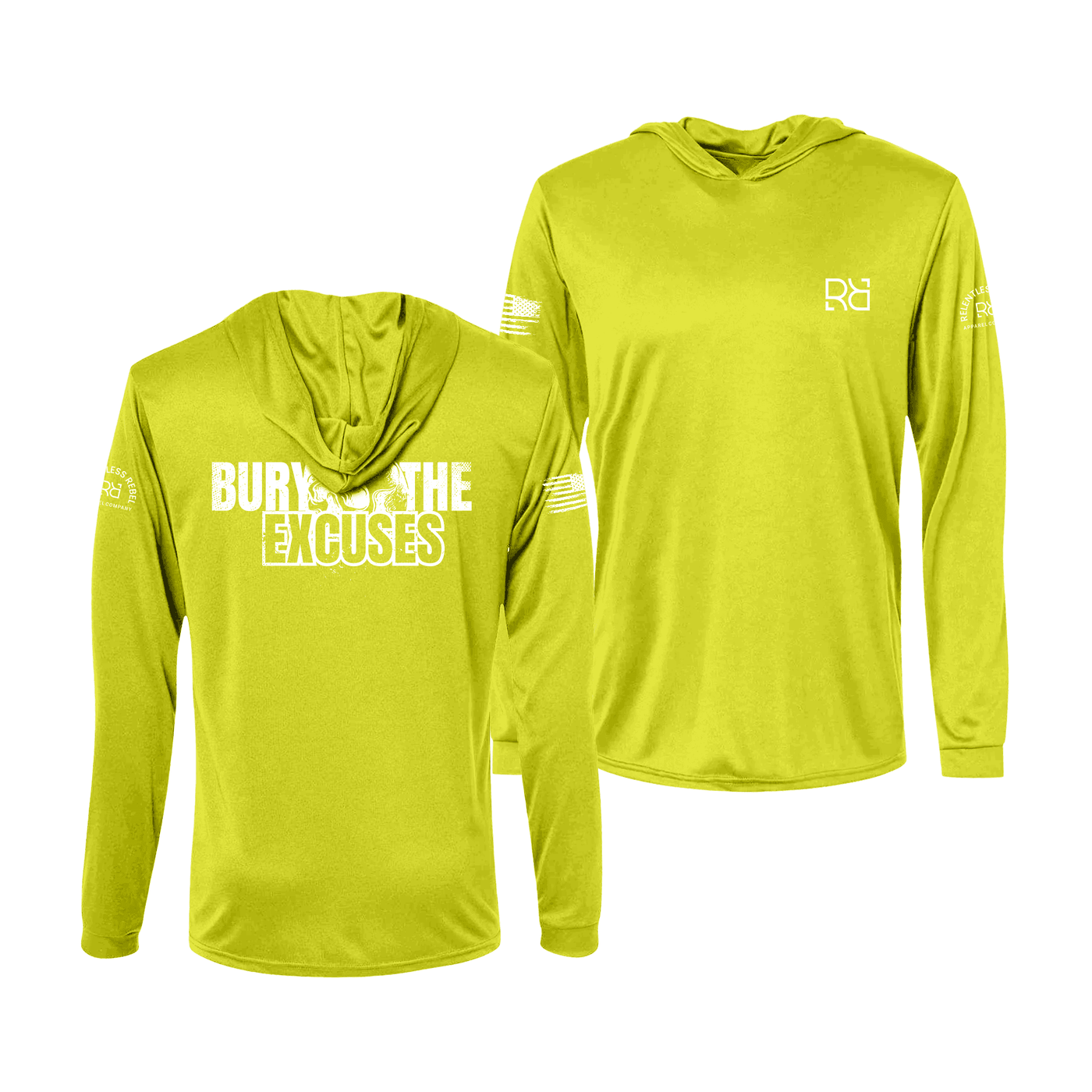 Safety Green long-sleeve hoodie with text and logos on a white background