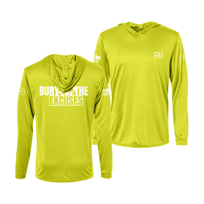 Safety Green long-sleeve hoodie with text and logos on a white background