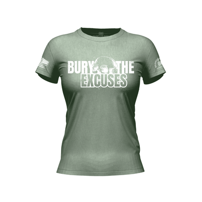 Sage t-shirt with 'Bury The Excuses' text on a white background