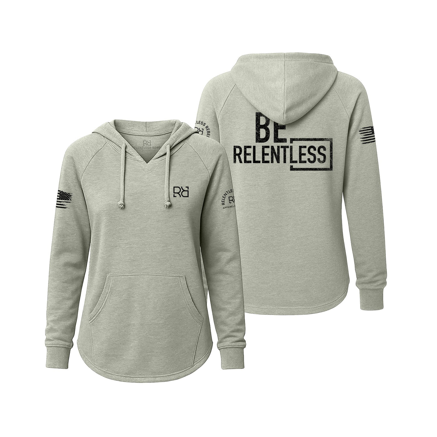 Sage hoodie with 'BE RELENTLESS' text on the back, displayed from front and back views.