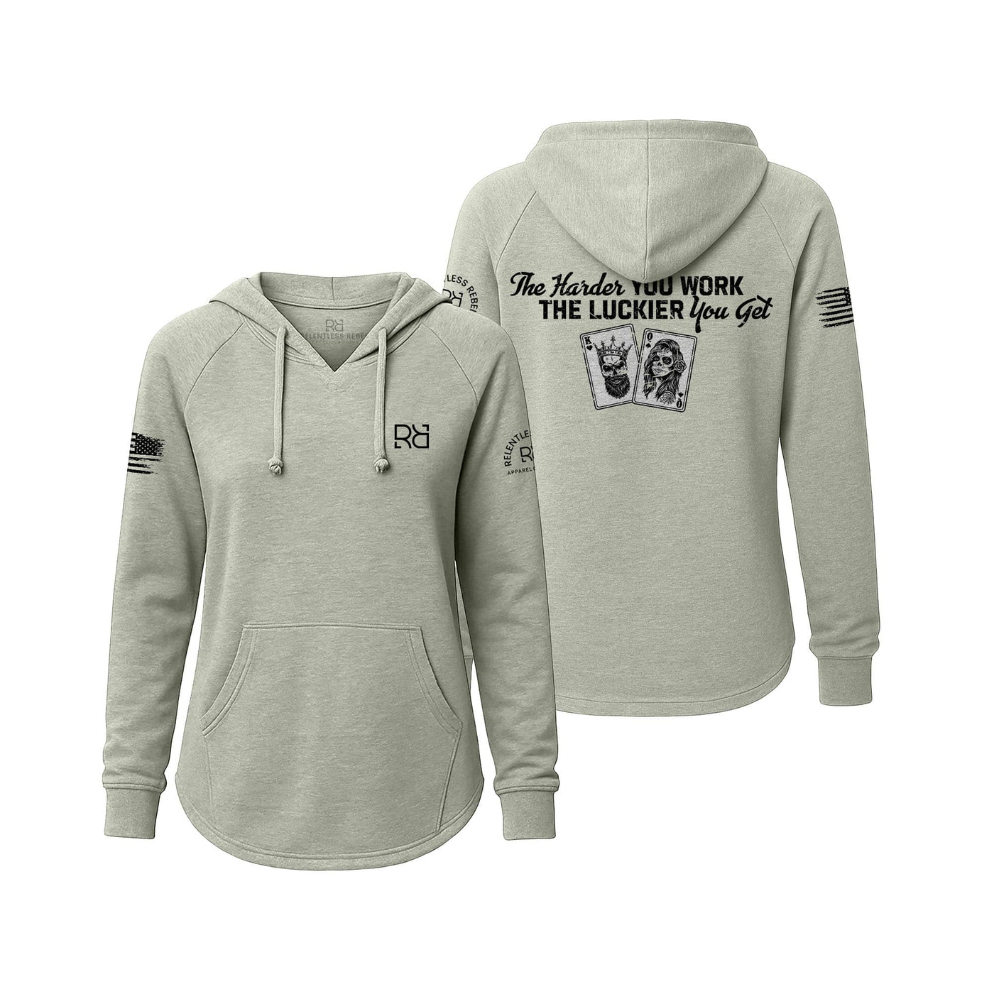 Sage hoodie with text and logos on a white background