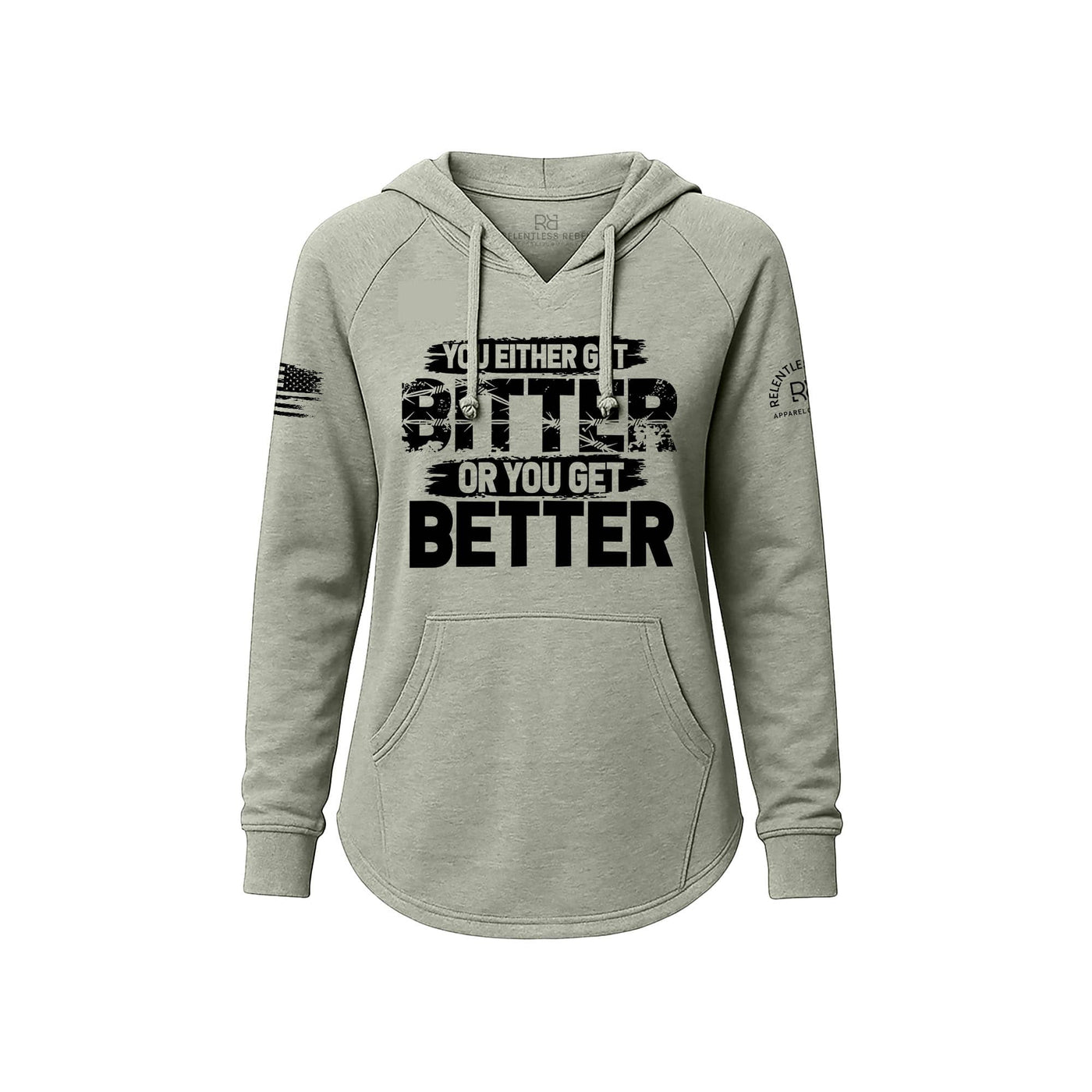 Sage hoodie with text design on a white background