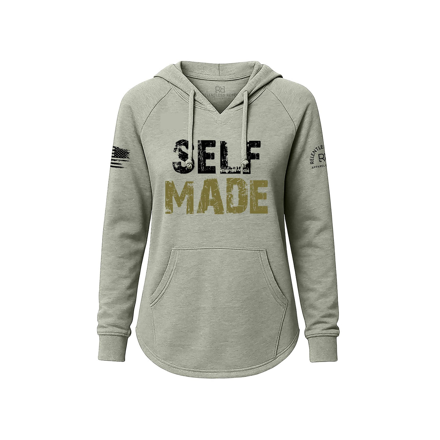Sage hoodie with 'SELF MADE' text on a white background