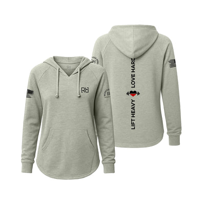 Sage hoodie with text and logos on sleeves and back, on a white background