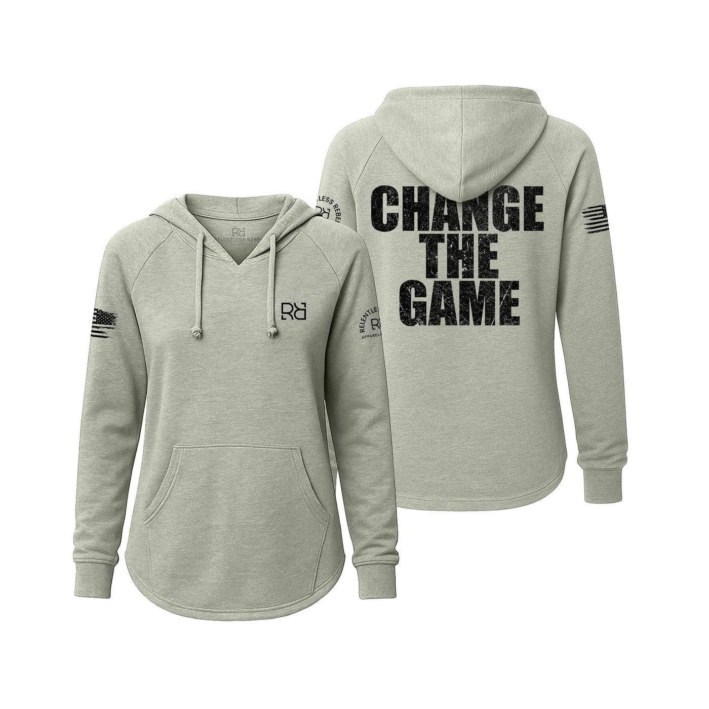 Sage hoodie with 'Change The Game' text on the back, displayed from front and back views.