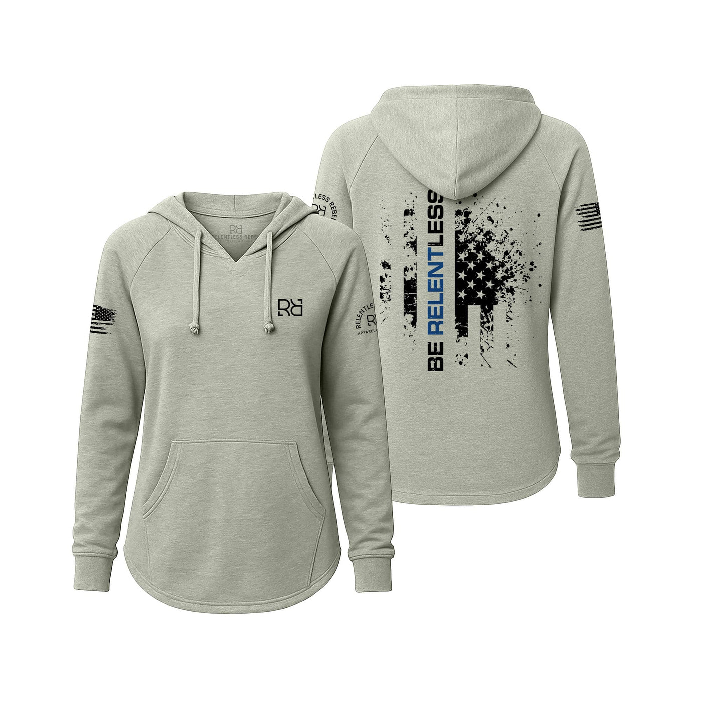 Sage hoodie with front and back designs on a white background