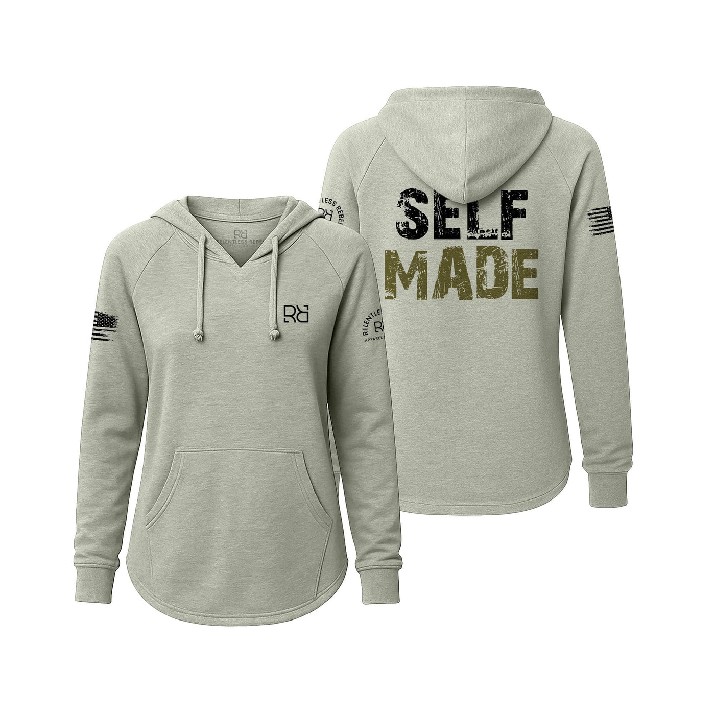 Sage hoodie with 'SELF MADE' text on the back, displayed from front and back views.