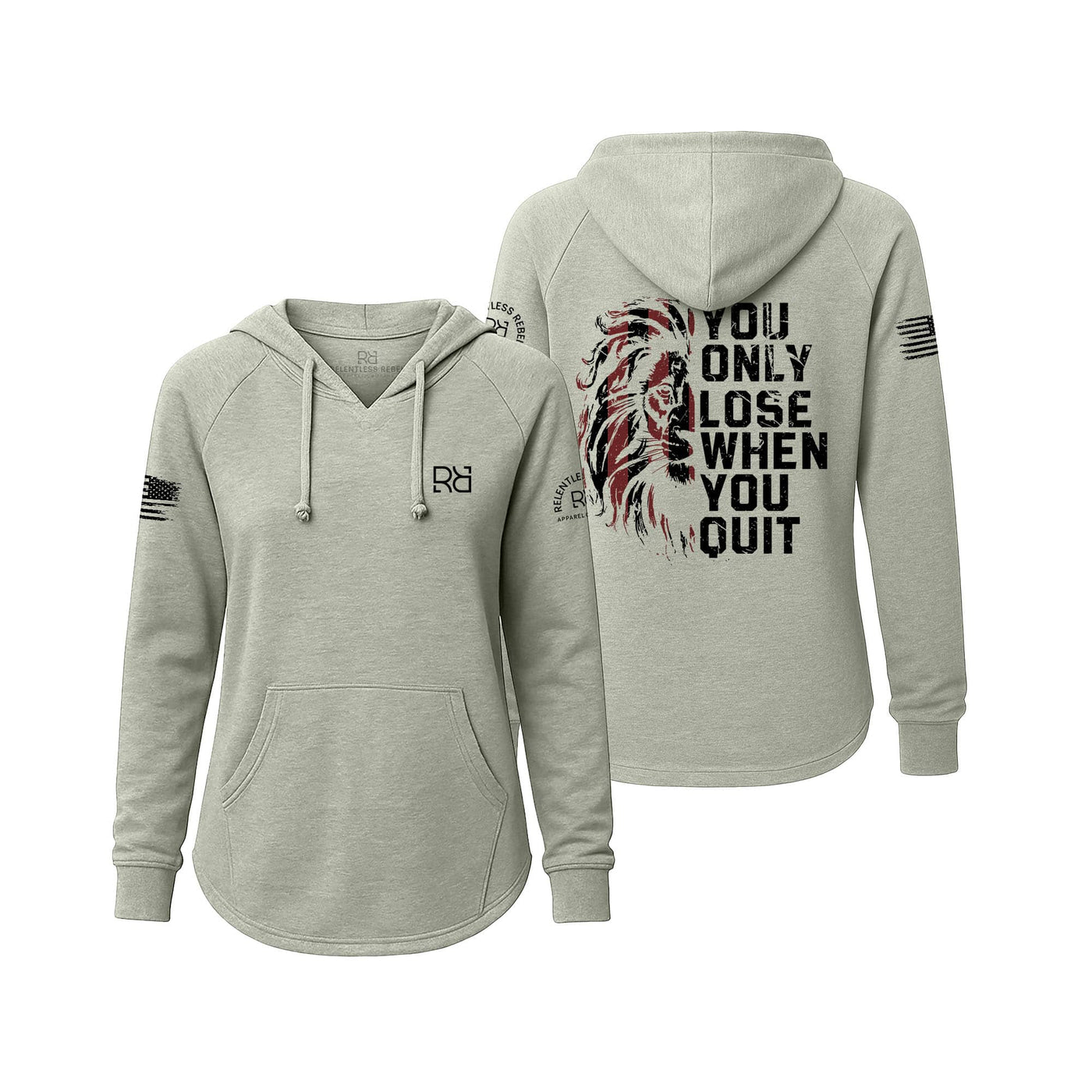 Sage hoodie with motivational quote and graphics on a white background